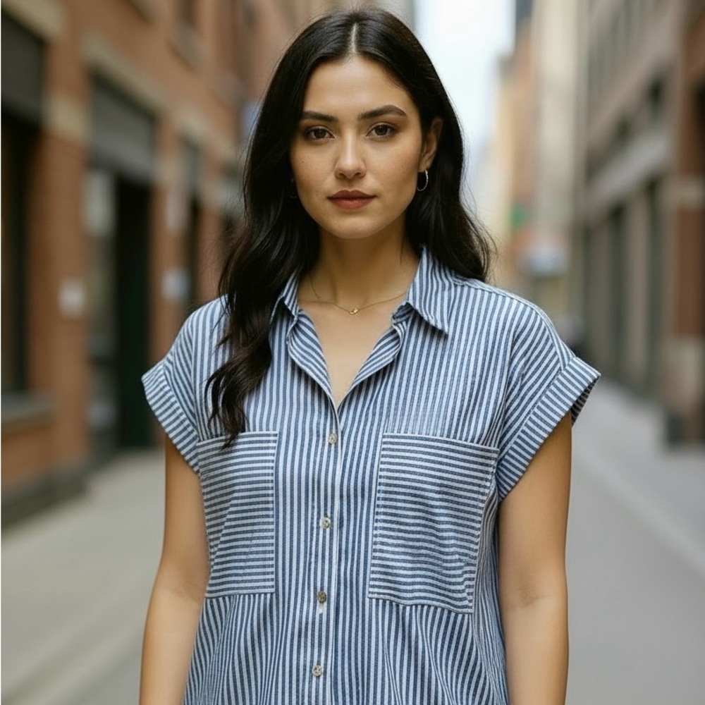 Universal Thread Blue and White Striped Short-Sleeve Button-Down Shirt